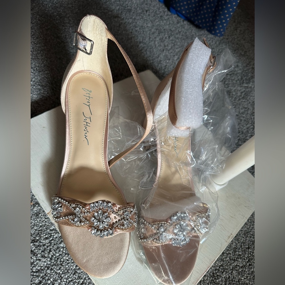 Betsey Johnson Tan Heels with Rhinestone Embellishments